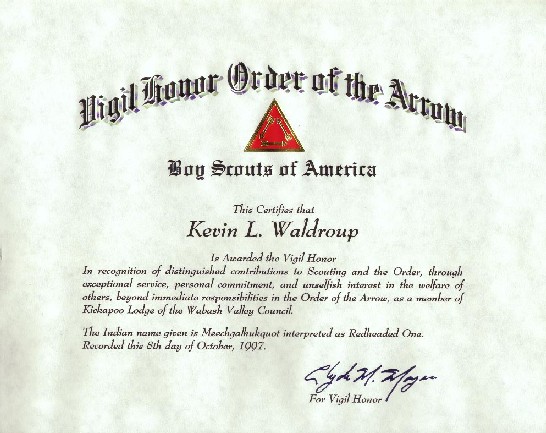 Vigil Honor Certificate (Click to View Full Size)